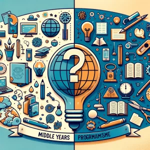 Infographic comparison between MYP and IGCSE, featuring symbols of holistic education and academic rigor, including a globe and textbooks, highlighting the decision-making process for choosing the right educational pathway.