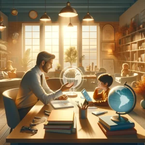 A private tutor and a student engaged in a one-on-one session in a cozy learning environment, surrounded by books, a globe, and a digital tablet, illustrating a personalized and modern approach to education