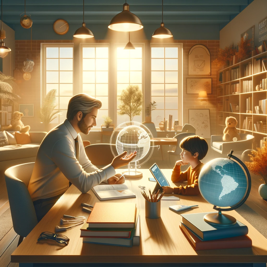 A private tutor and a student engaged in a one-on-one session in a cozy learning environment, surrounded by books, a globe, and a digital tablet, illustrating a personalized and modern approach to education