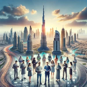 A colorful and dynamic illustration showing a group of diverse individuals, symbolizing private tutors, in the foreground with books and digital tablets in hand, ready to teach. In the background, the Burj Khalifa and the skyline of Dubai symbolize the city's modernity and vibrancy. The image includes text that reads "Find Your Ideal Tutor Here," emphasizing the search for quality education and personal tutoring in Dubai.