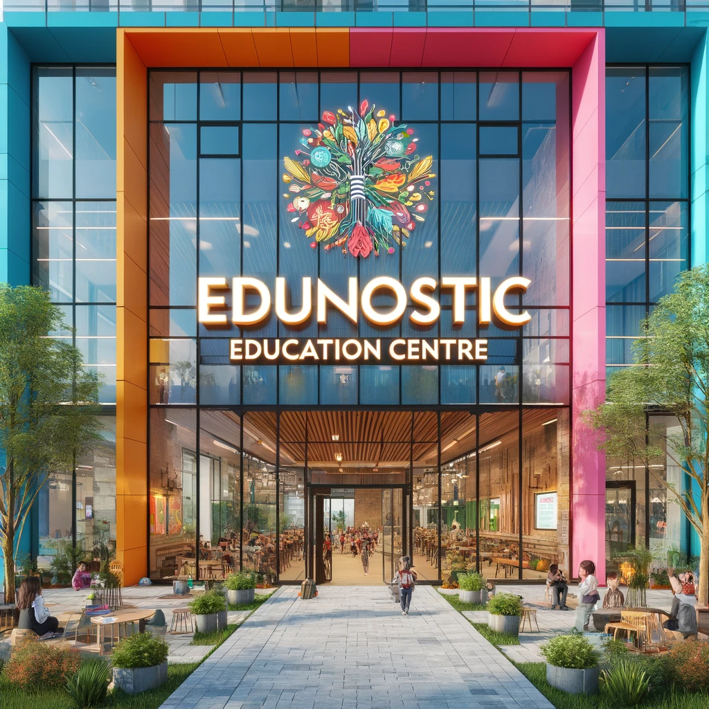 Modern and vibrant 'Edunostic Education Centre' with colorful facade, clear windows, and welcoming signage. Features include outdoor seating areas, lush garden surroundings, and a prominent logo symbolizing growth and innovation. Students are seen engaging around the lively, approachable building, emphasizing a community focused on learning and creativity