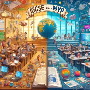 Here's the image contrasting IGCSE and MYP. On the left, it captures the essence of IGCSE with a traditional classroom and focus on examinations. On the right, the MYP's dynamic and holistic approach to learning is illustrated through group projects and the use of diverse materials. The banner at the top highlights the comparison between the two educational programs