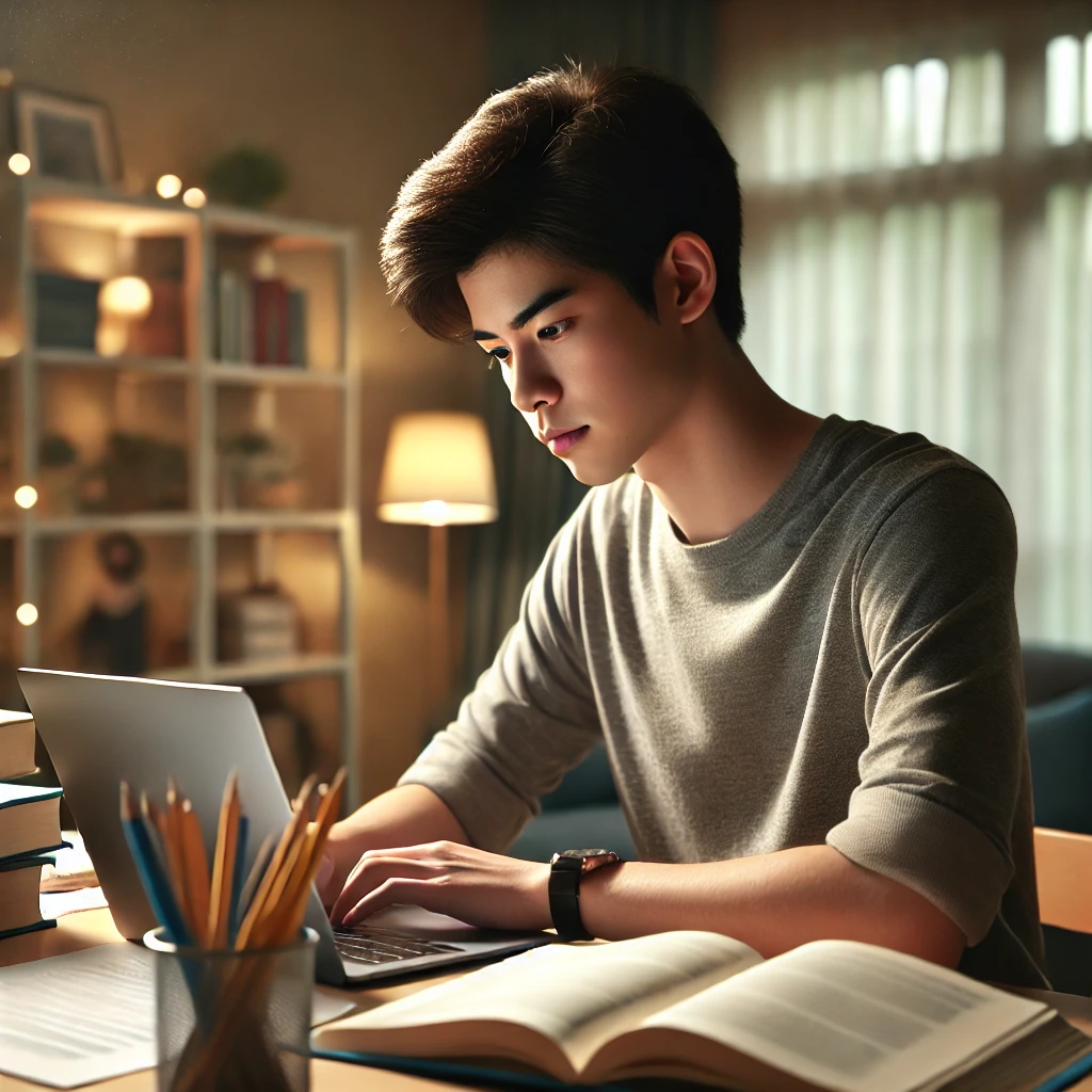 Focused young student studying at a tidy desk with educational materials, creating a productive environment for academic improvement