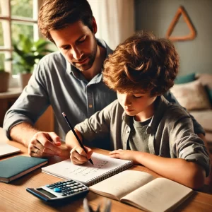 Parent helping child with math homework at a desk, creating a supportive and positive learning environment in a home setting.