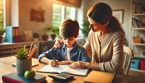 Parent helping child with math homework at a desk, creating a supportive and positive learning environment in a home setting.