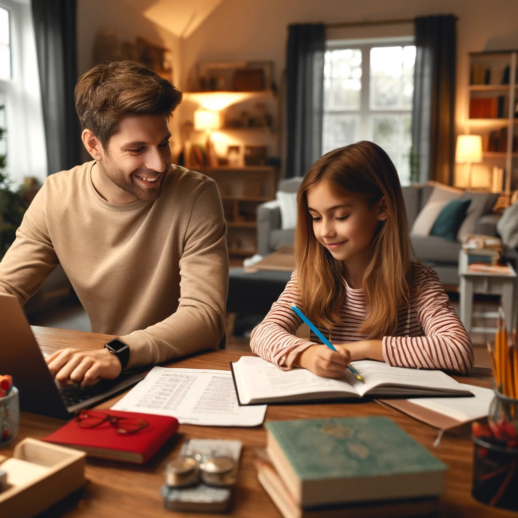 A homeschool student working with a certified Edunostic tutor in a cozy home environment, using engaging learning resources.