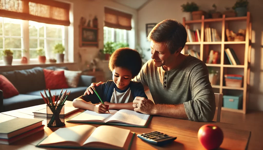 Parent helping child with school homework at a desk, offering guidance and support in a warm home setting with educational materials.