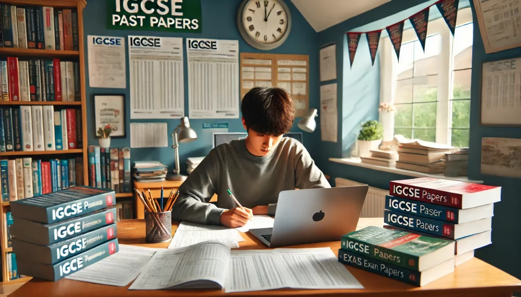 Student working with IGCSE past papers and a laptop at a desk, preparing for exams in a focused study environment.