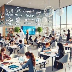 A modern tutoring center in Dubai with students engaged in learning activities across subjects like Maths, English, Sciences, and Arabic, guided by tutors in a bright and welcoming environment.