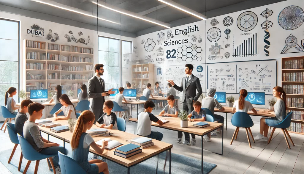 Students learning at a modern tutoring center in Dubai, receiving personalized guidance from tutors in Maths, English, Sciences, and Arabic in a bright and organized environment.