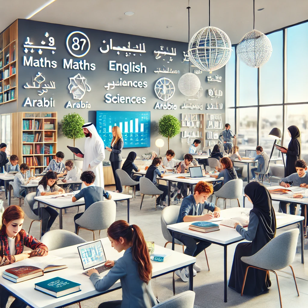 A modern tutoring center in Dubai with students engaged in learning activities across subjects like Maths, English, Sciences, and Arabic, guided by tutors in a bright and welcoming environment.