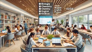 A modern tutoring center in Dubai with students receiving tutoring in subjects like Biology, Chemistry, Math, English, Physics, and IGCSE prep, with tutors actively engaging in a bright and focused environment.