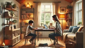 A child learning with a tutor in a cozy, well-lit living room, surrounded by books and a laptop, symbolizing a productive and personalized home tutoring session.