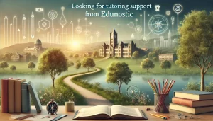 Serene landscape with a sunrise over school buildings, a path lined with educational symbols, and text reading 'Looking for Tutoring Support from Edunostic.